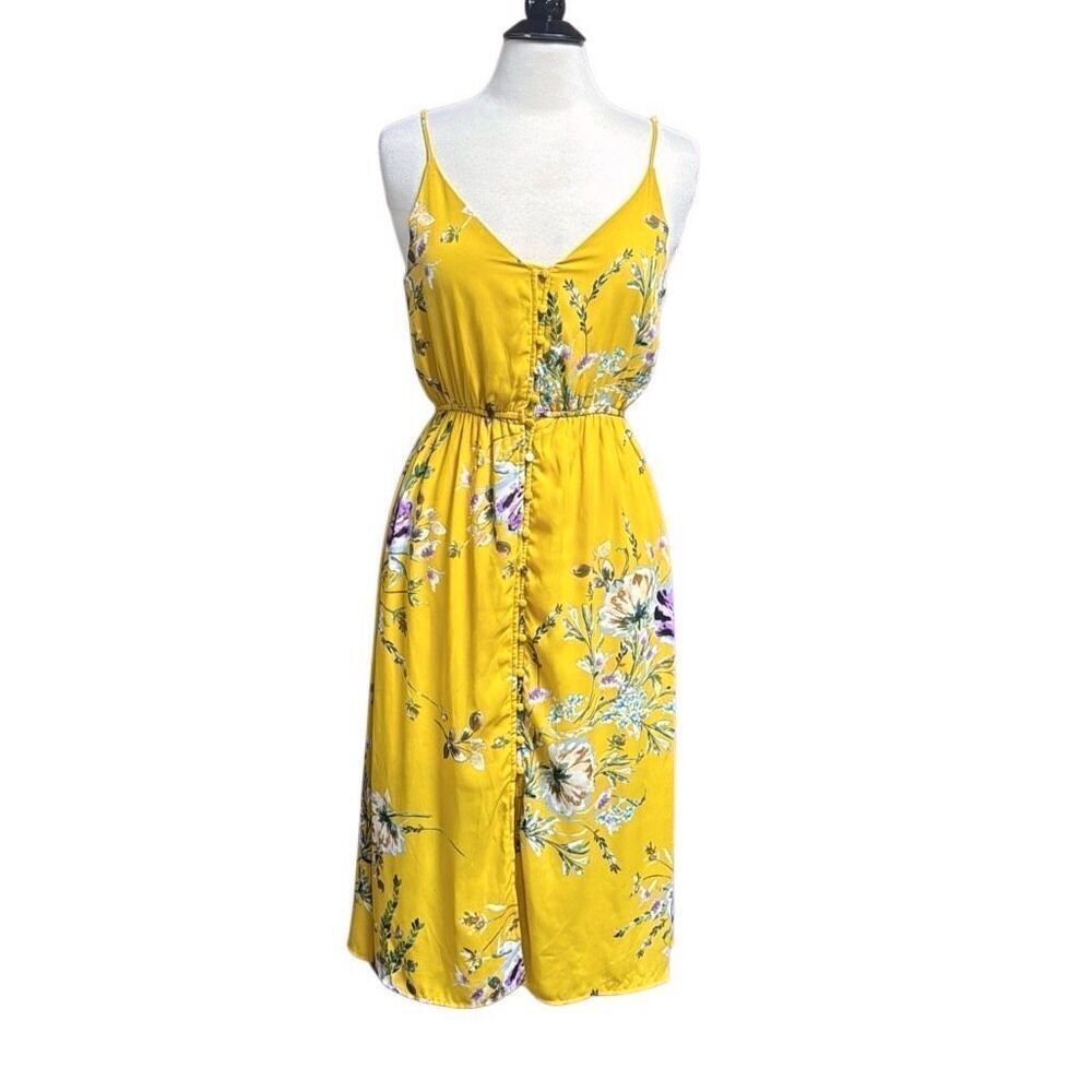 She + Sky Women’s Mustard Floral Spaghetti Strap MIDI Dress Size Small